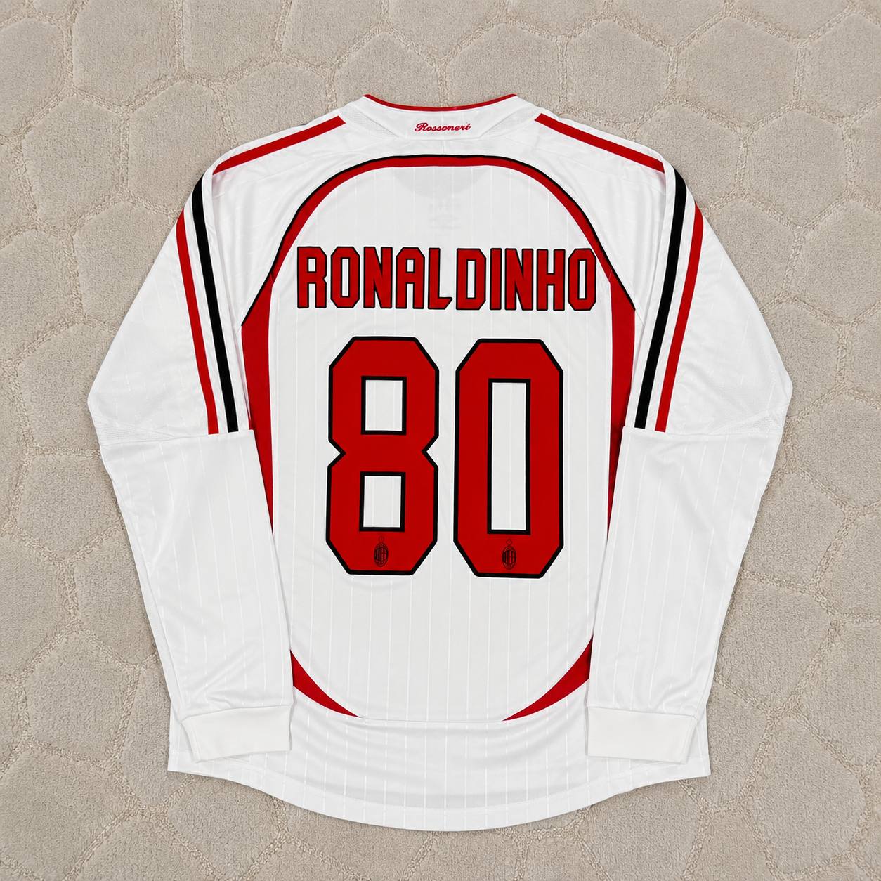  AC Milan RONALDINHO 80 長袖 ジャージ Ronaldinho Gaucho #80 AC Milan Away White Long Sleeve Retro Jersey