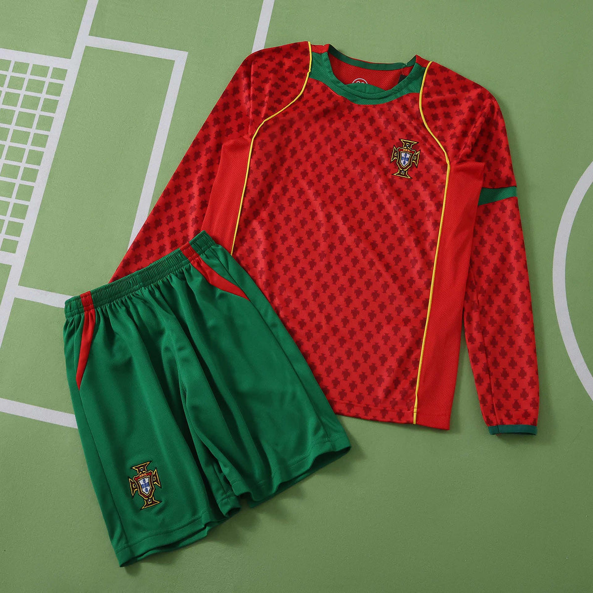 2004 Portugal Home Retro Long Sleeves Kids Kit Jersey