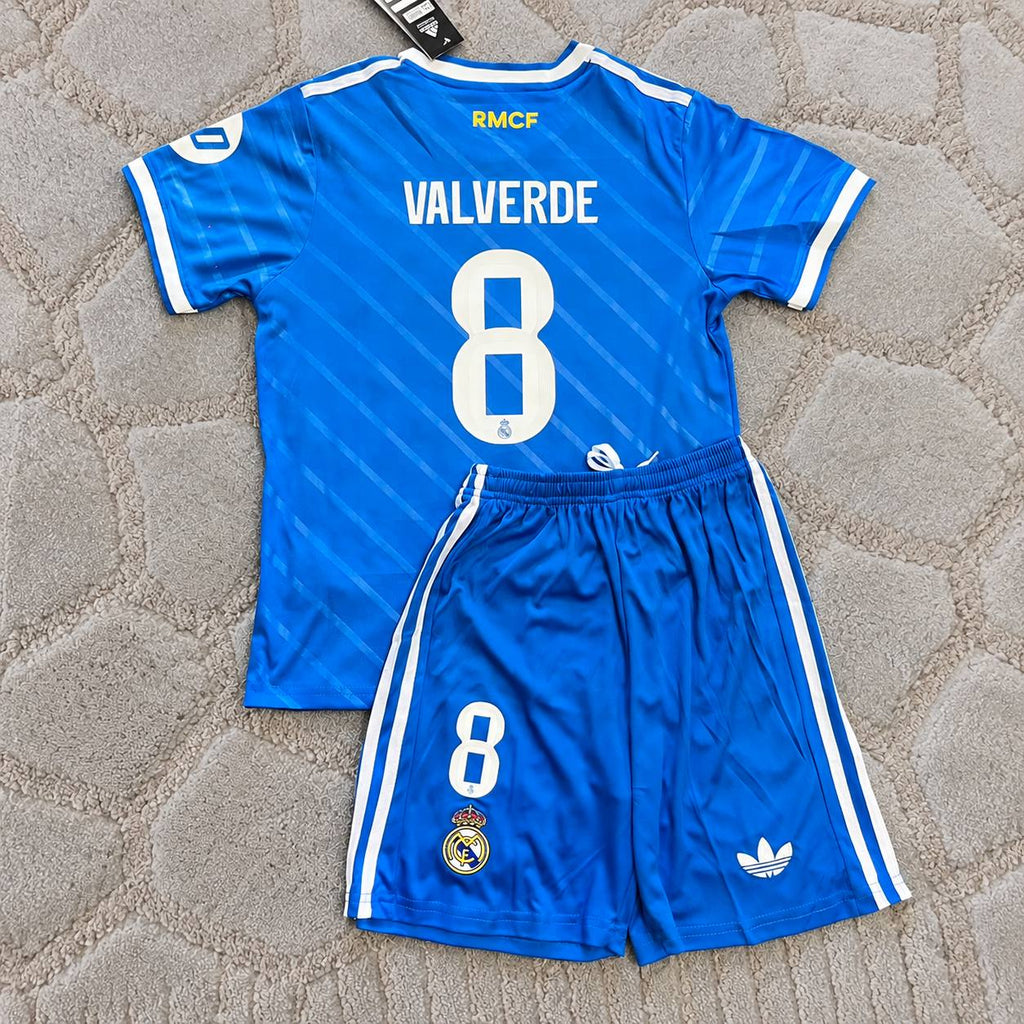 Fede Valverde Real Madrid Kids Blue Jersey Kit Soccer Trikot Maillot Maglia