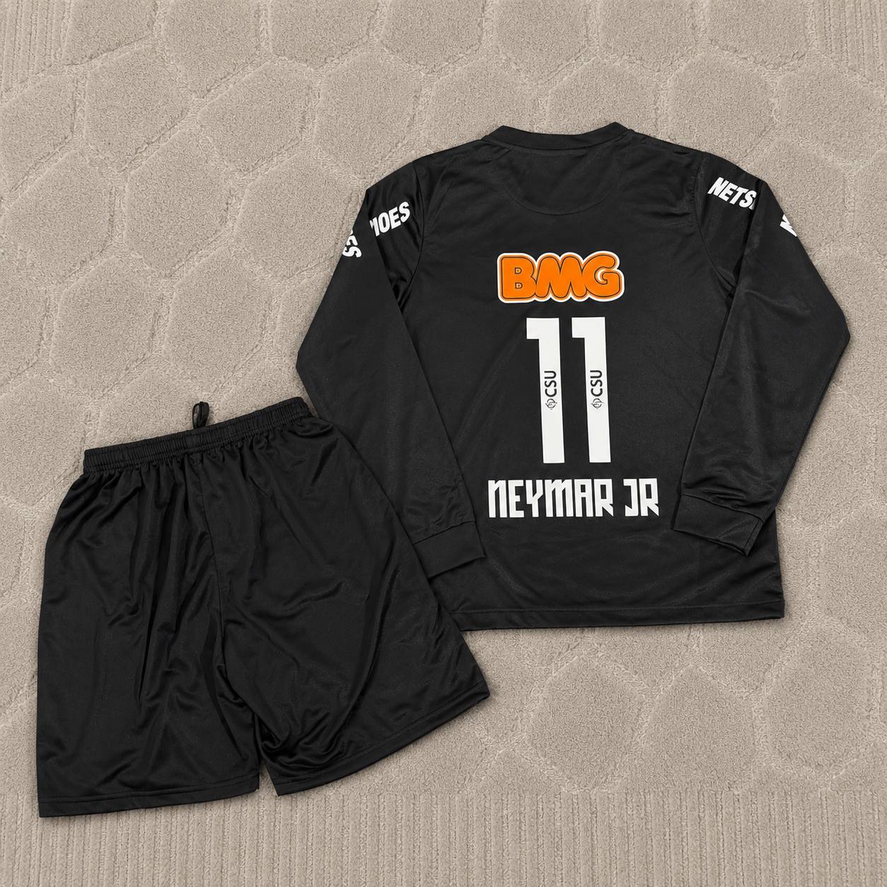 Neymar Jr Santos Black Long Sleeve Retro Football Jersey Kit