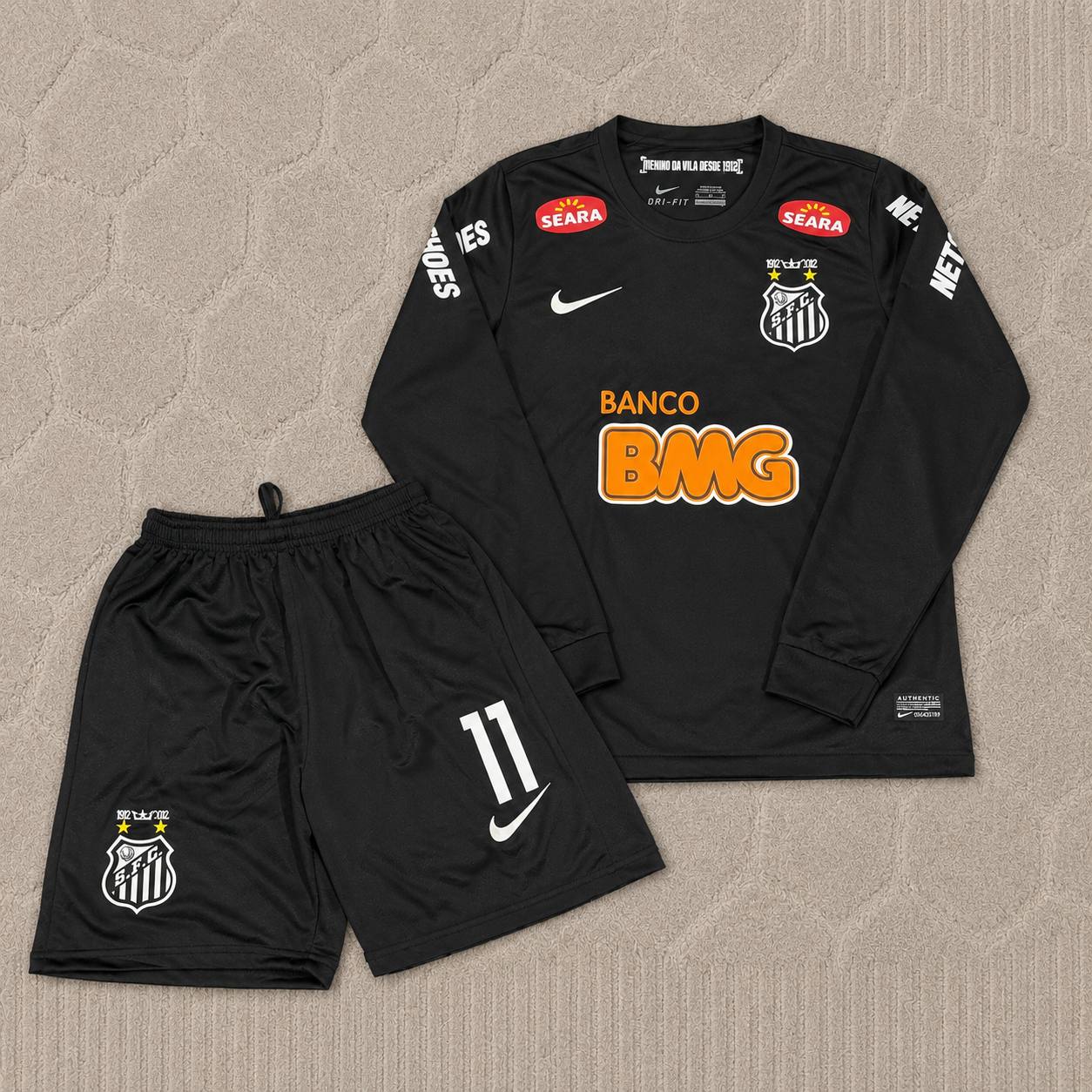 Neymar Jr Santos Black Long Sleeve Retro Football Jersey Kit