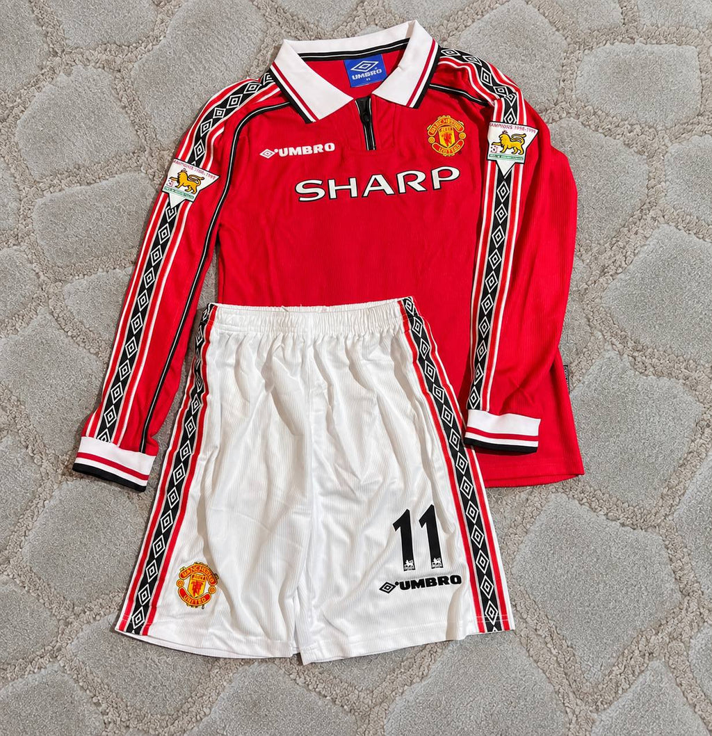 Ryan Giggs Manchester United 1999 Treble Winners Long Sleeve Retro  Kids Jersey – Legendary #11