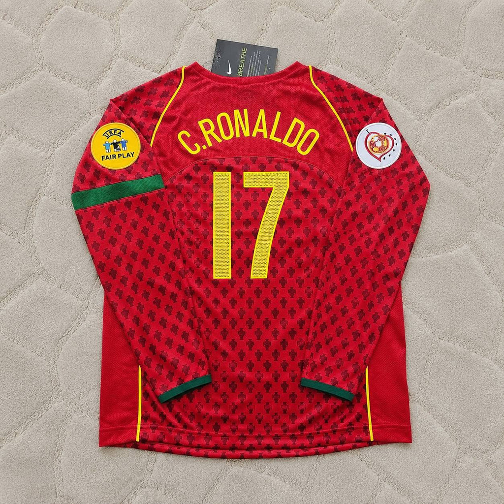 Cristiano Ronaldo Portugal EURO 2004 Long Sleeve Retro Home Red Kids Football Jersey