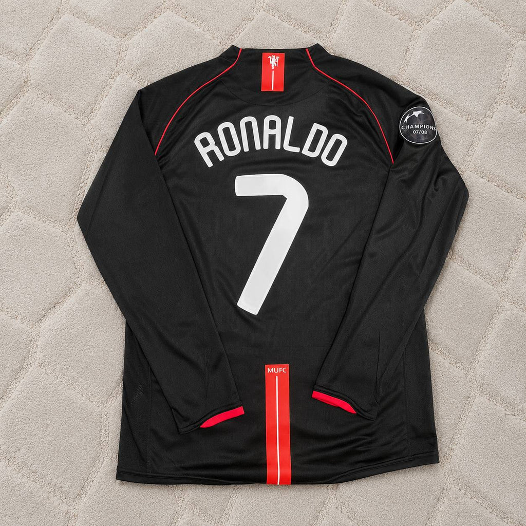 Cristiano Ronaldo Manchester United 2007/2008 Champions League Patch Black Retro Football Jersey Kit