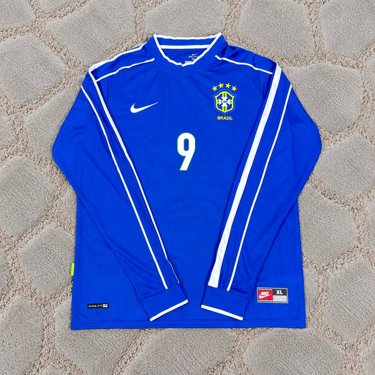 Ronaldo Nazario El Fenomeno #9 Brazil 1998 World Cup Long Sleeve Retro Home Football Shirt - Jersey Kit - Trikot Maillot