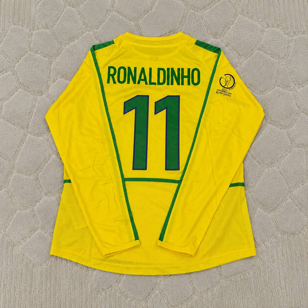 Ronaldinho Brazil 2002 World Cup Final Yellow Long Sleeve Retro Football Jersey