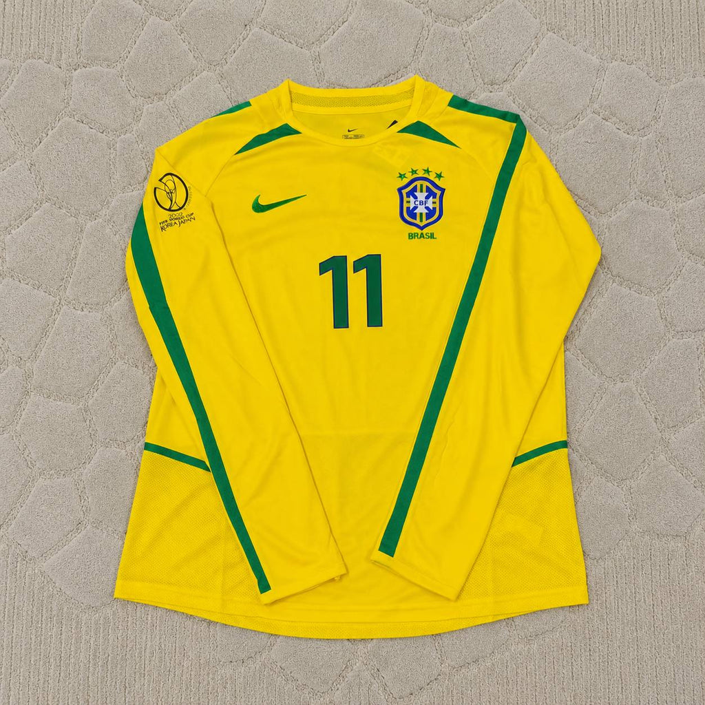 Ronaldinho Brazil 2002 World Cup Final Yellow Long Sleeve Retro Football Jersey