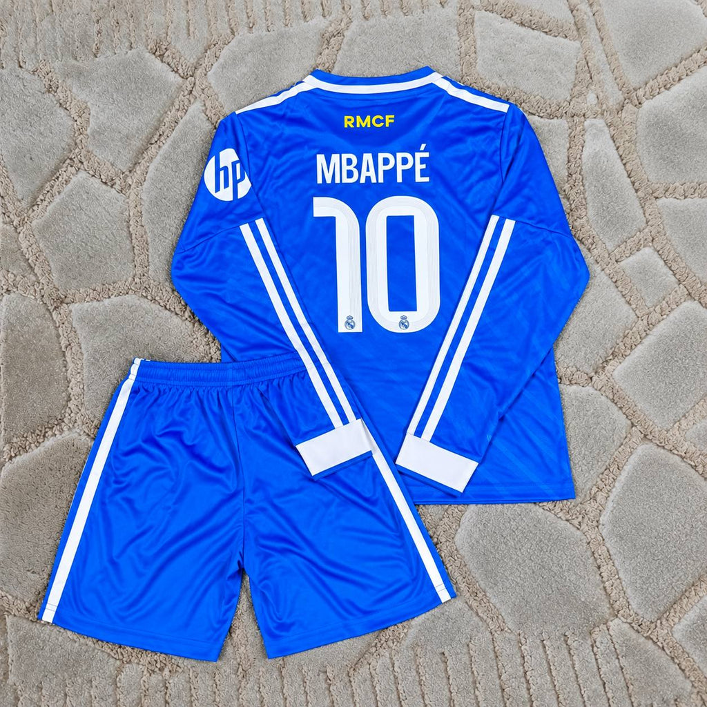 Kylian Mbappe Real Blue New Season Kids Long Sleeve Jersey Kit - Trikot Maillot Magliaa