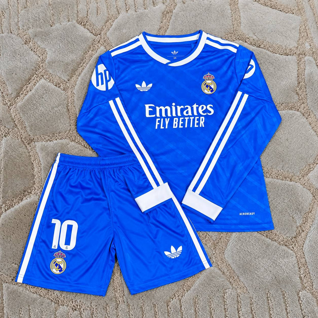 Kylian Mbappe Real Blue New Season Kids Long Sleeve Jersey Kit - Trikot Maillot Magliaa