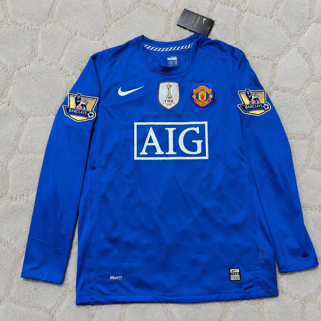Dimitar Berbatov Manchester United 2008 Blue EPL Patch Retro Long Sleeve Football Jersey