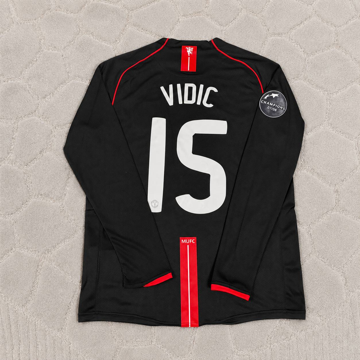 Nemanja Vidic Manchester United 2007/2008 Champions League Patch Black Retro Football Jersey Kit