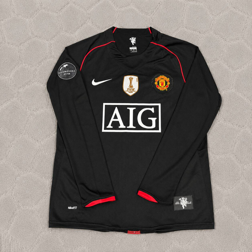 Nemanja Vidic Manchester United 2007/2008 Champions League Patch Black Retro Football Jersey Kit