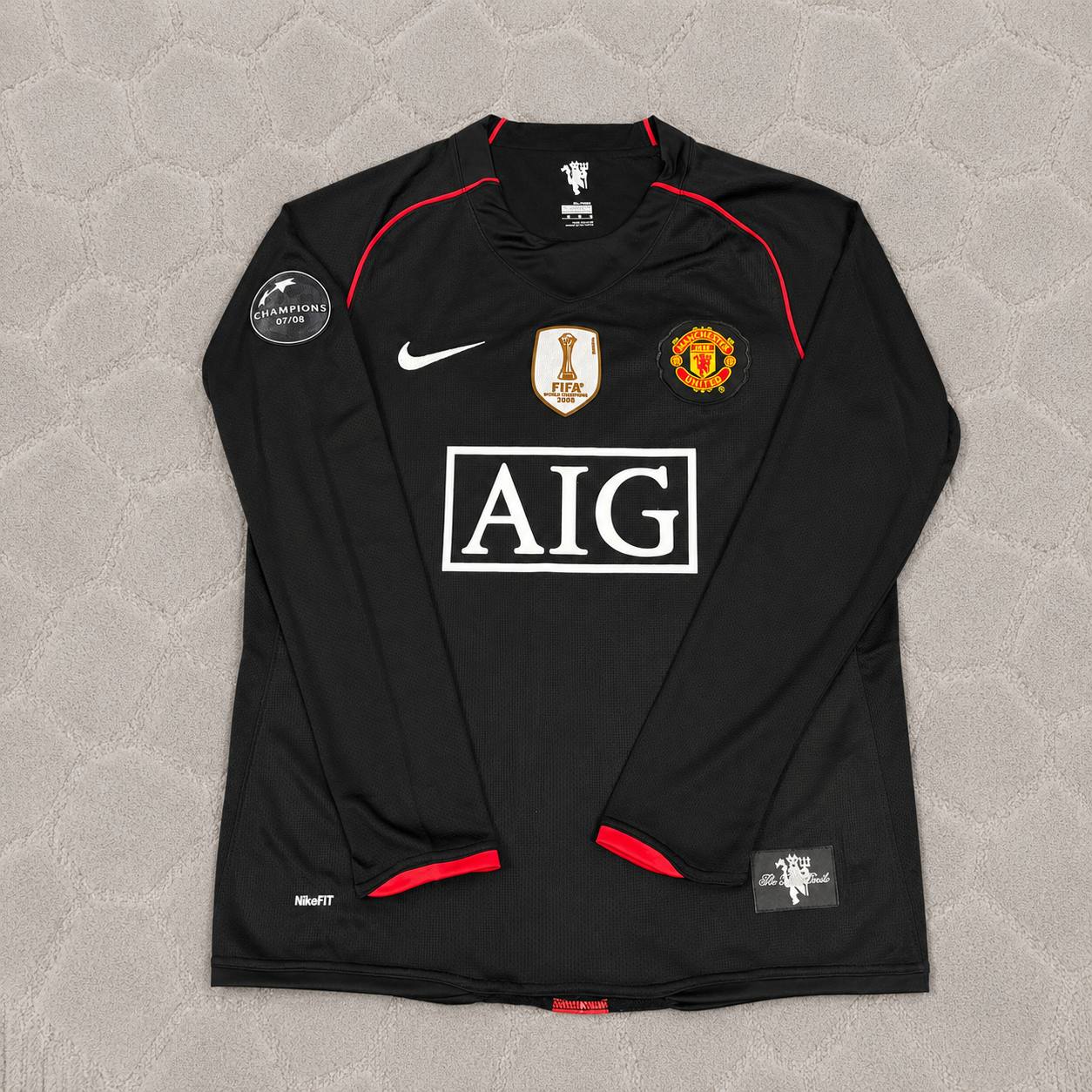 Nemanja Vidic Manchester United 2007/2008 Champions League Patch Black Retro Football Jersey Kit