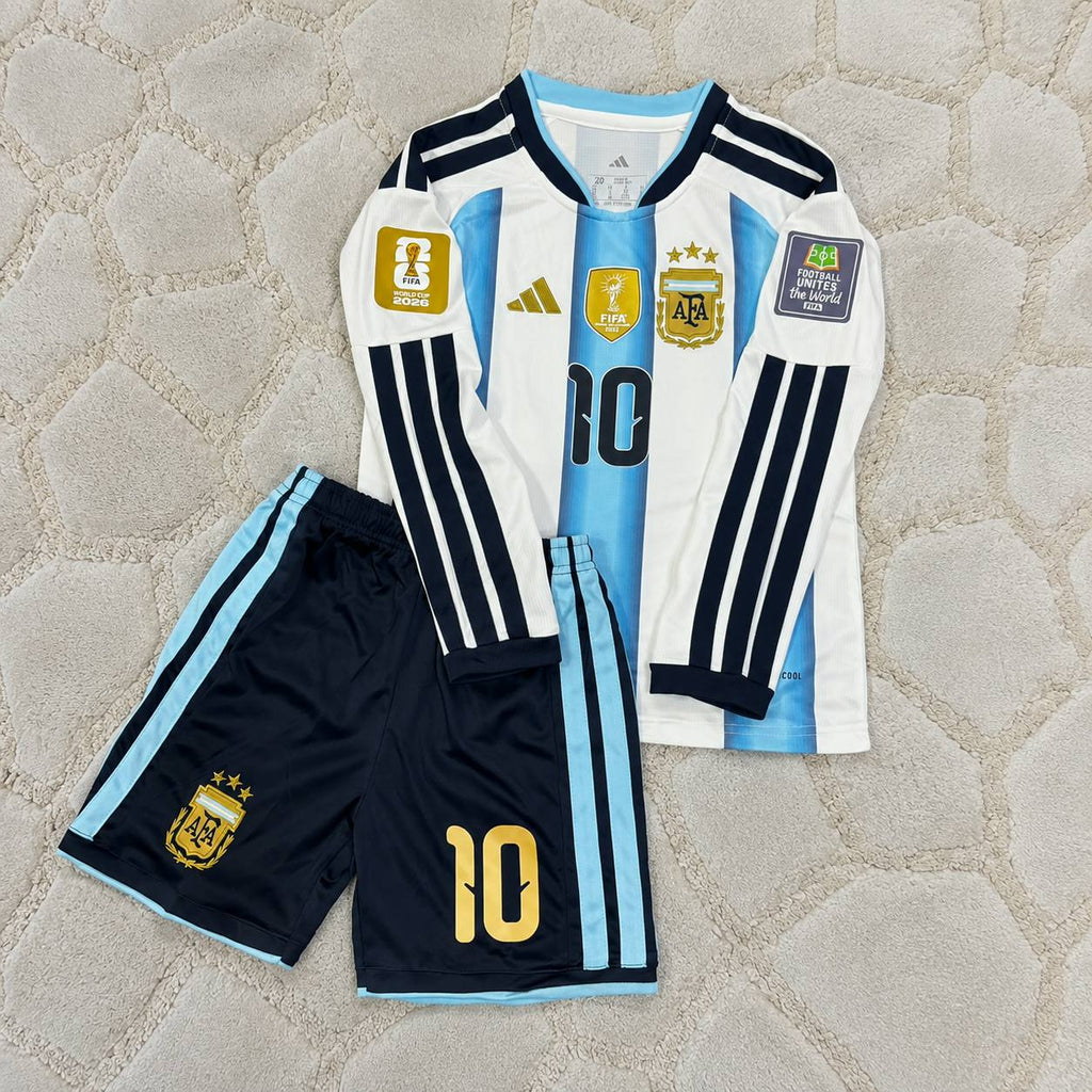 Lionel Messi Argentina 2026 World Cup Kids Long Sleeve Football Jersey Kit