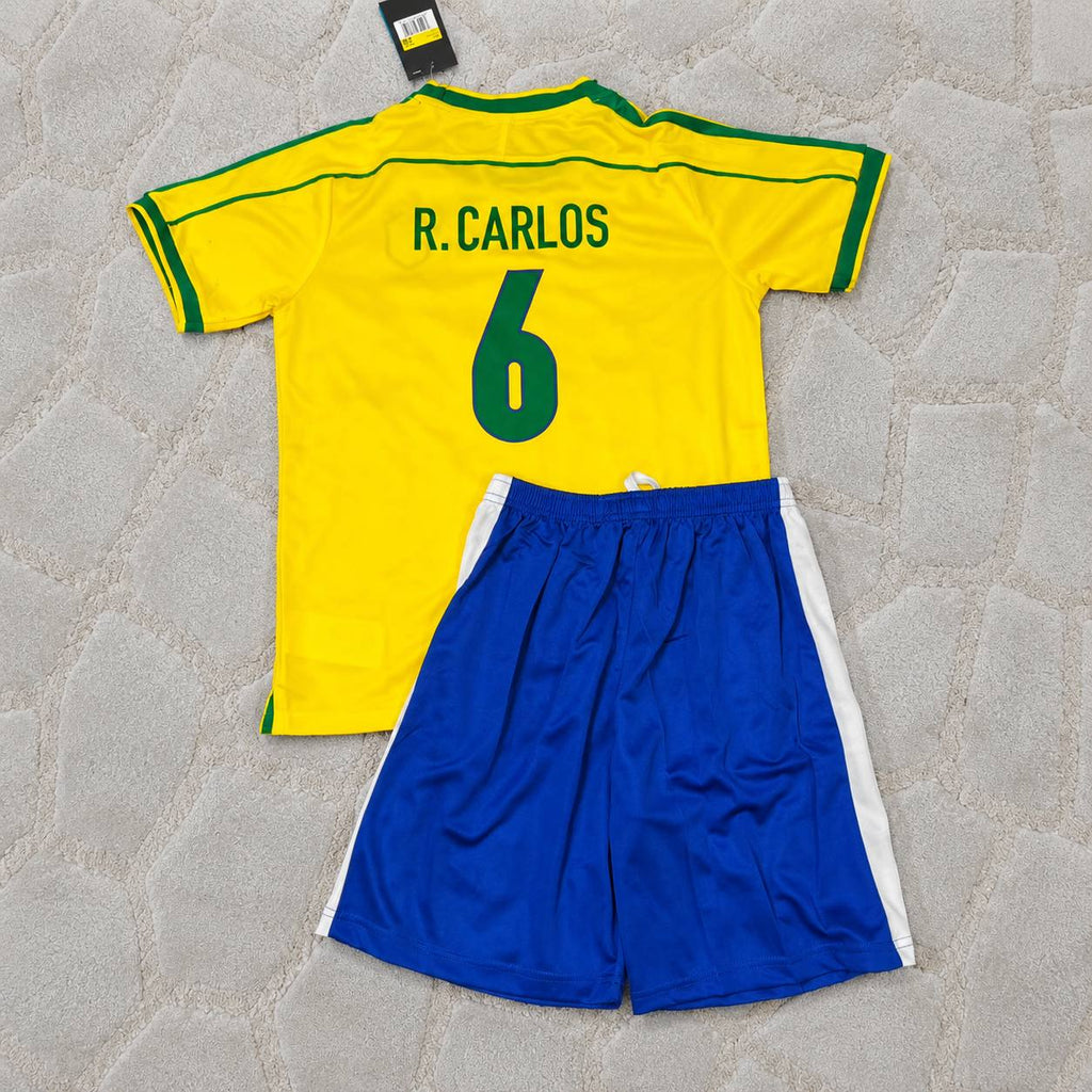 Roberto Carlos #6 Brazil 2002 World Cup Retro Kids Soccer Kit Jersey Kinder Trikot Maillot Enfant Soccer Shirt