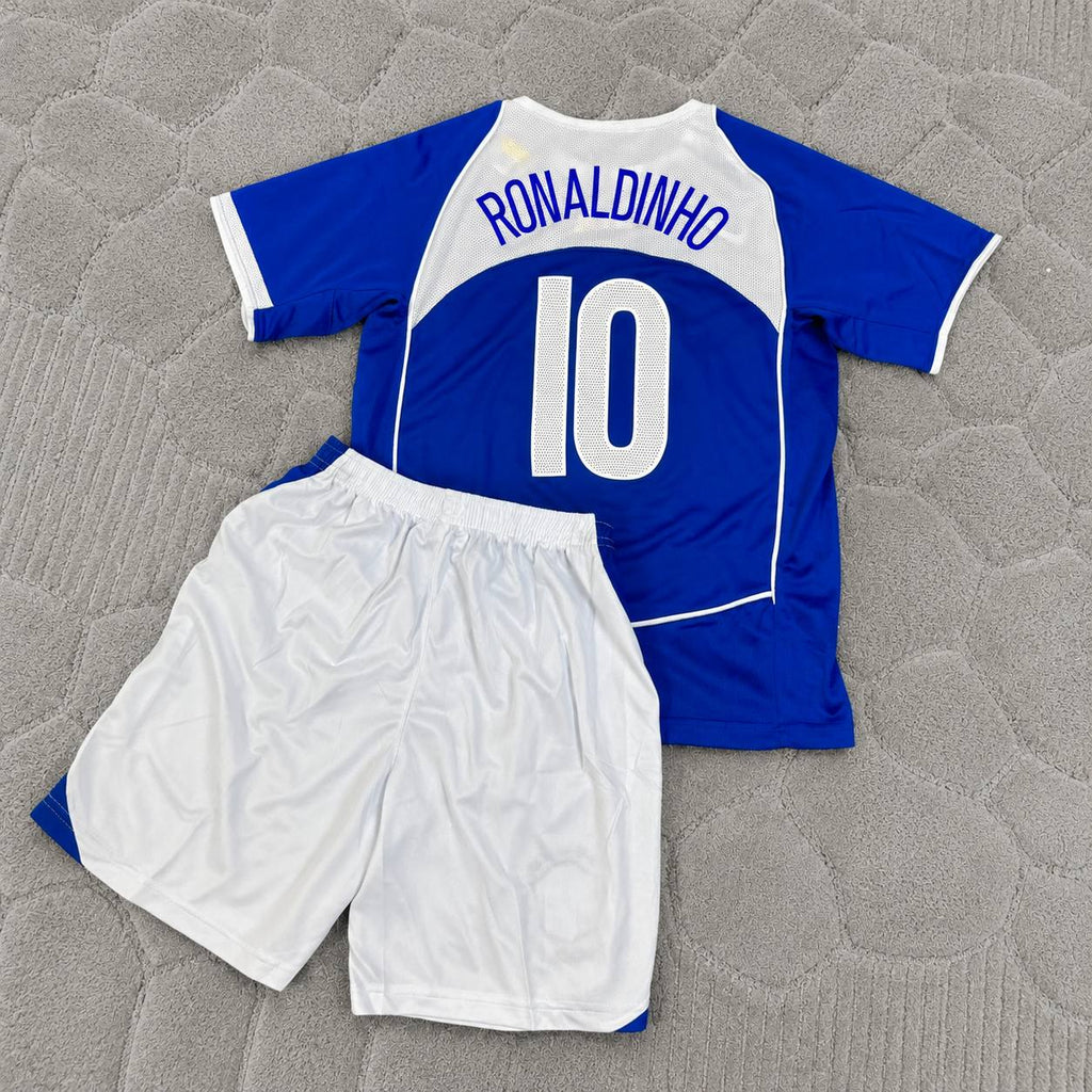 Ronaldinho #10 Brazil 2004 Blue Away Kids Kit Retro Football Jersey Kit