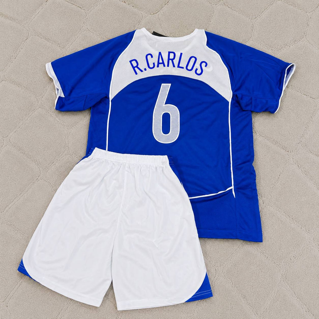 Roberto Carlos #6 Brazil 2004 Blue Away Kids Kit Retro Football Jersey Kit
