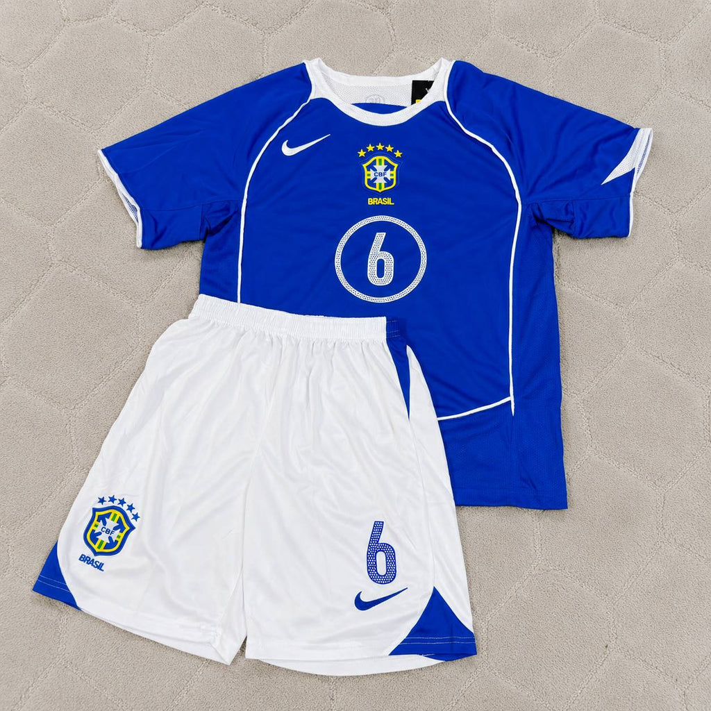 Roberto Carlos #6 Brazil 2004 Blue Away Kids Kit Retro Football Jersey Kit