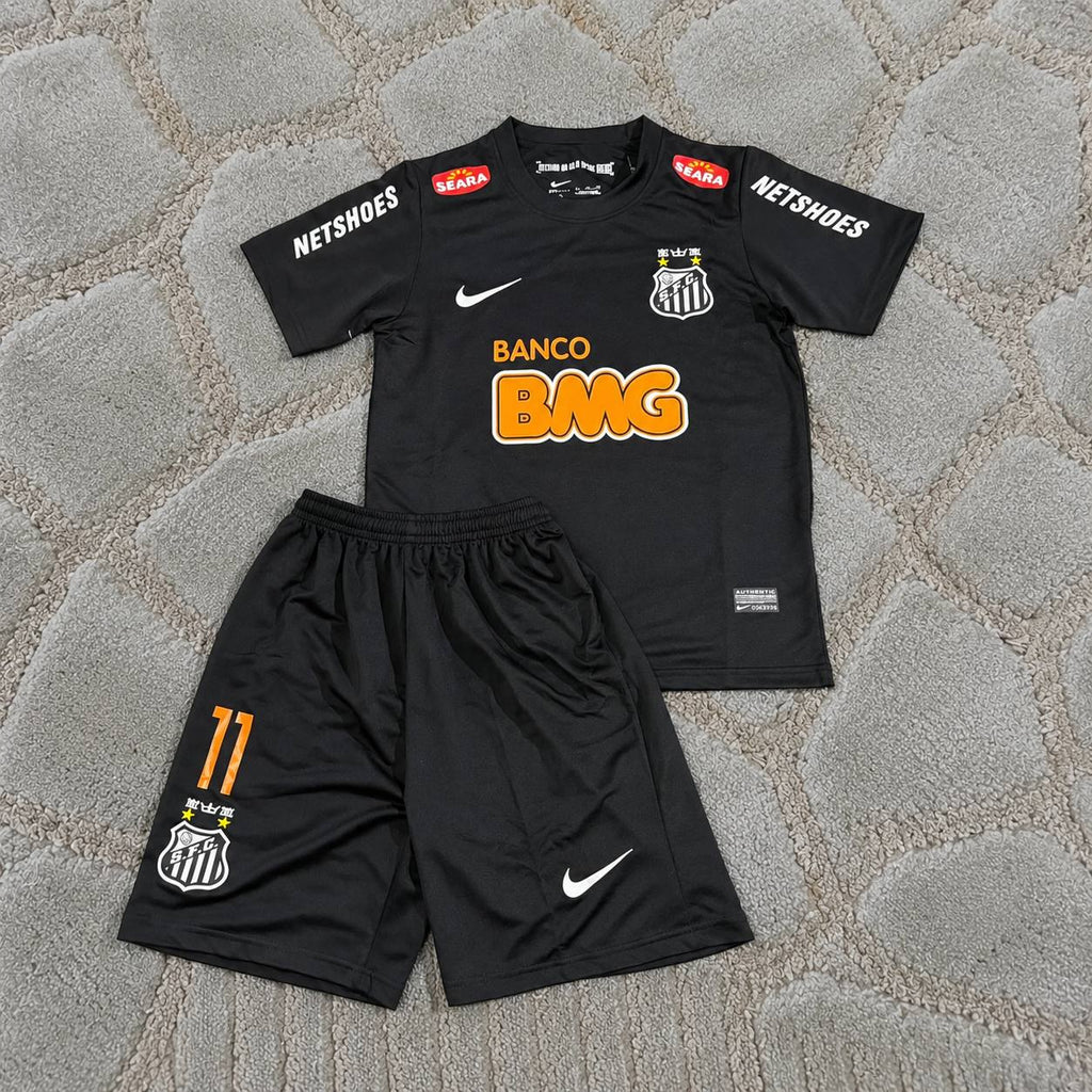 Neymar Jr #11 Santos Black Special Golden Font Kids Retro Football Shirt - Jersey Kit Trikot Maillot