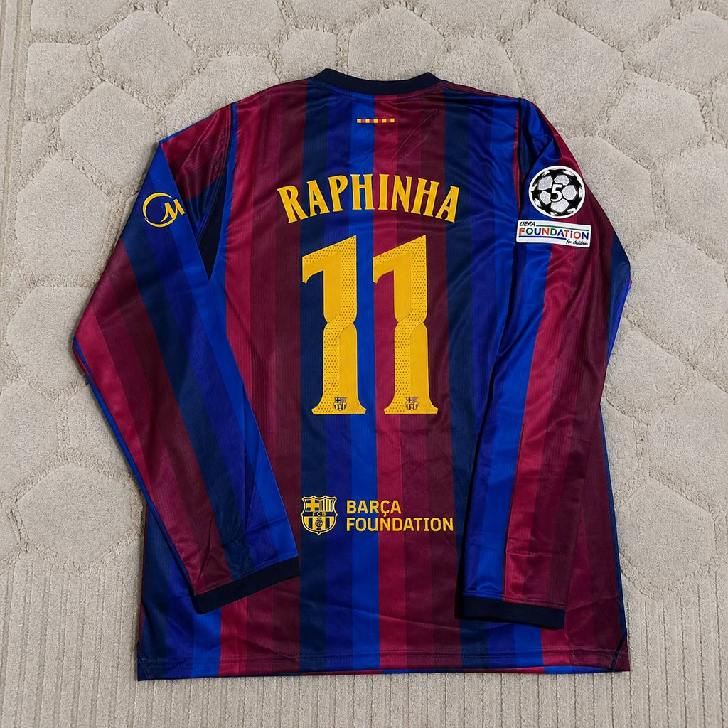 Raphinha #11 Barcelona 2027 New Season Champions League Patch Home Long Sleeve Jersey Trikot Maillot Soccer Shirt