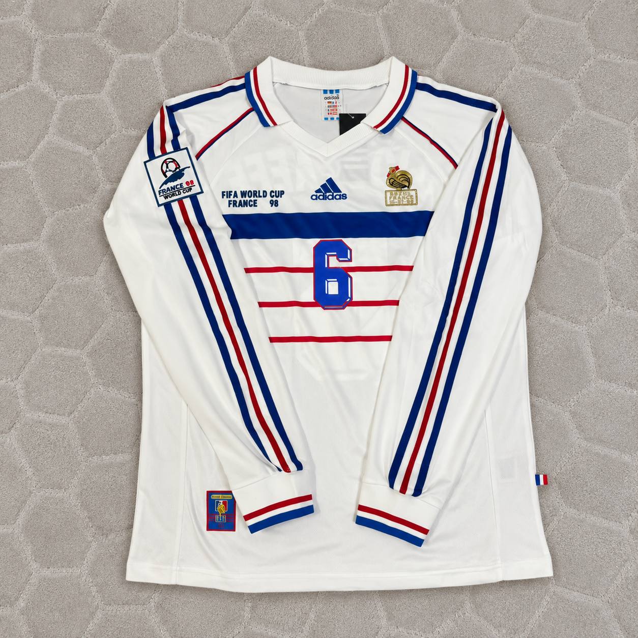 Youri Djorkaeff #6 France 1998 World Cup White Away Long Sleeve Retro Jersey
