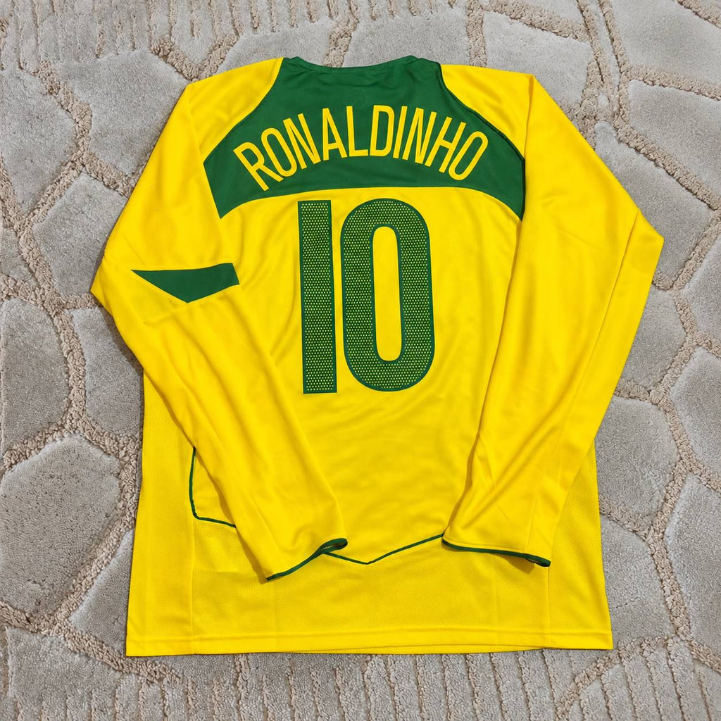 Ronaldinho Brazil 2004–2006 Home Yellow Long Sleeve Retro Football Jersey Trikot Maillot