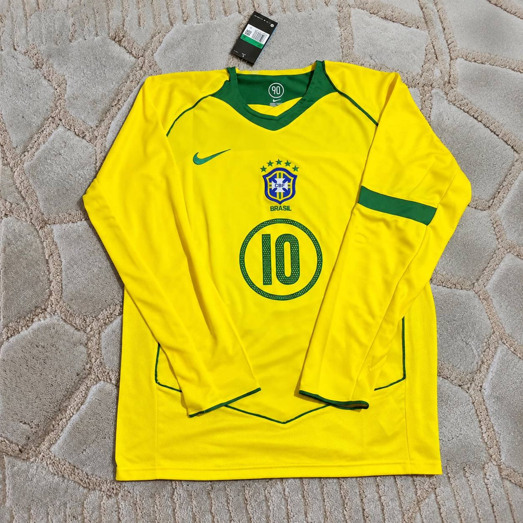 Ronaldinho Brazil 2004–2006 Home Yellow Long Sleeve Retro Football Jersey Trikot Maillot