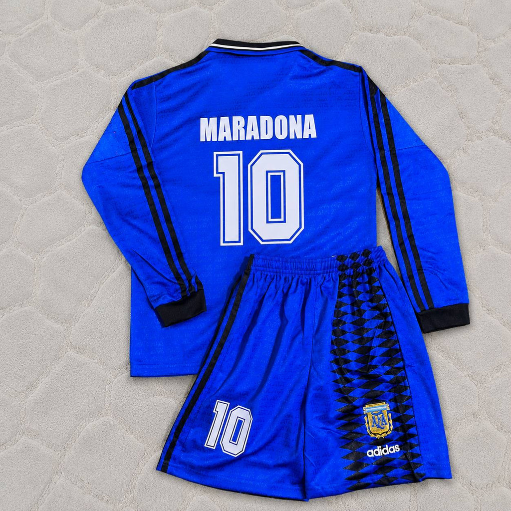 Diego Maradona Argentina 1994 World Cup Long Sleeve Blue Kids Retro Football Jersey Kit