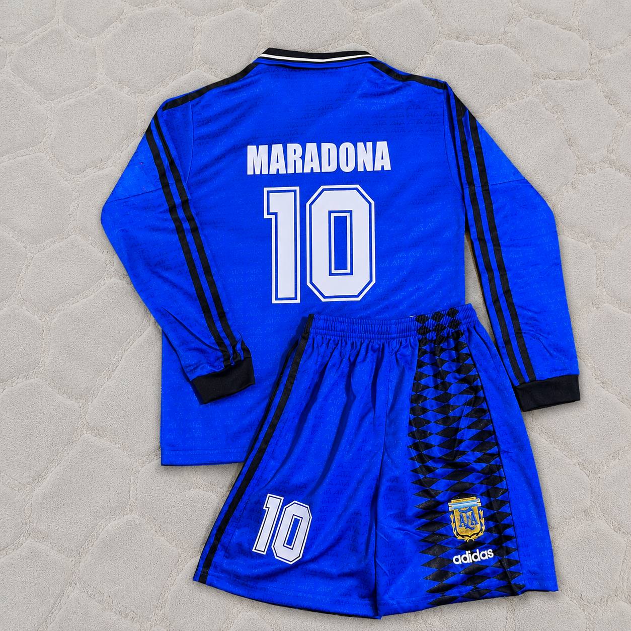 Diego Maradona Argentina 1994 World Cup Long Sleeve Blue Kids Retro Football Jersey Kit