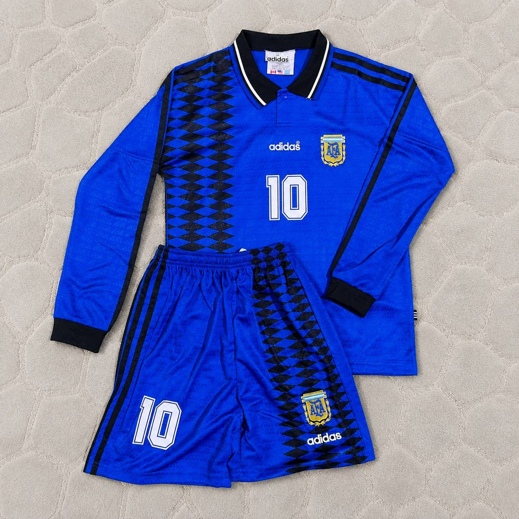 Diego Maradona Argentina 1994 World Cup Long Sleeve Blue Kids Retro Football Jersey Kit