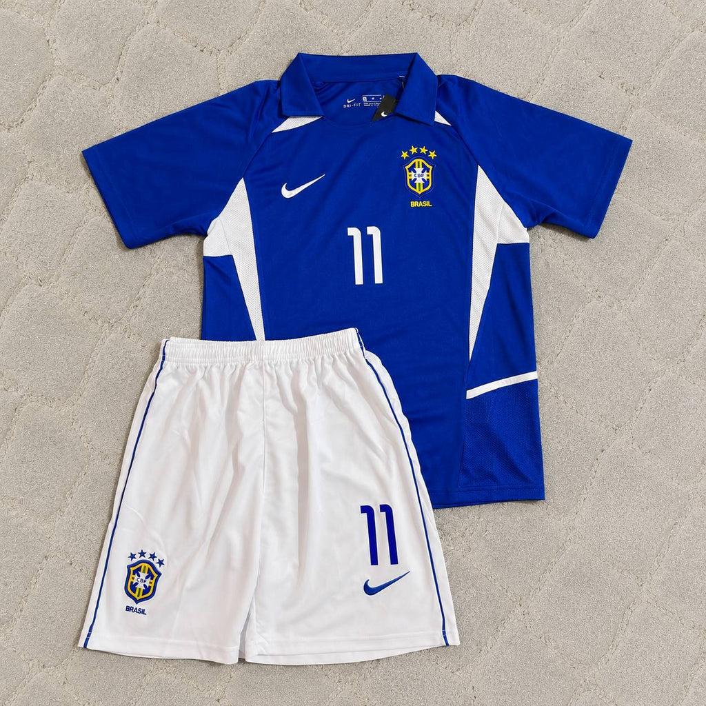 Ronaldinho Brazil 2002 Away Kids Kit – Kit Jersey for Children – | KinderTrikot | Maillot Enfant Soccer Shirt