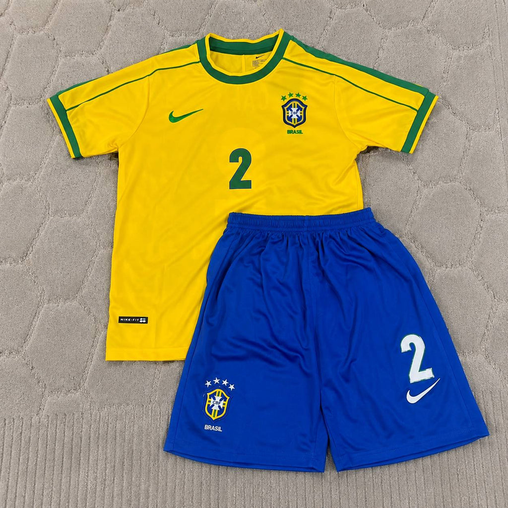 Cafu #2 Brazil 2002 World Cup Retro Kids Soccer Kit Jersey Kinder Trikot Maillot Enfant Soccer Shirt