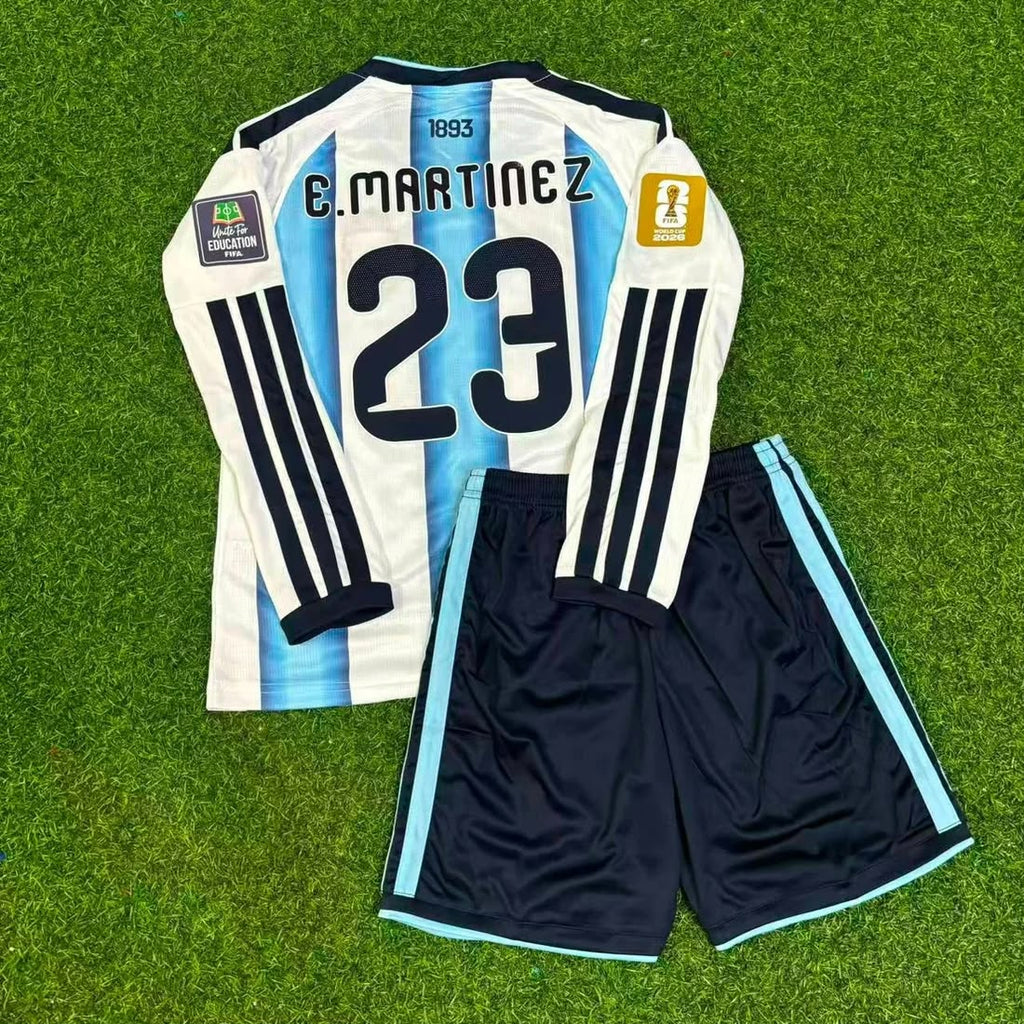 Emiliano Martinez Argentina Goalkeeper 2026 World Cup Home Kids Patch Long Sleeve Football Jersey