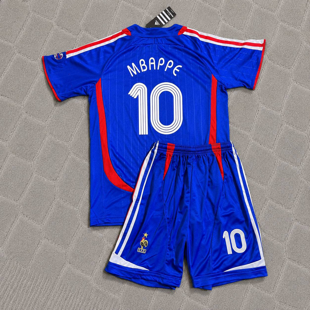 Kylian Mbappé #10 France World Cup Kids Blue Retro Football Jersey Kit