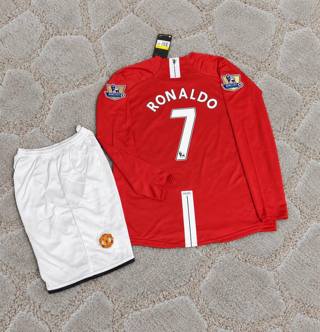 Cristiano Ronaldo #7 Manchester United 2008 EPL Retro Long Sleeve Kids Football Jersey Kit Soccer Shirt Trikot Maillot Maglia